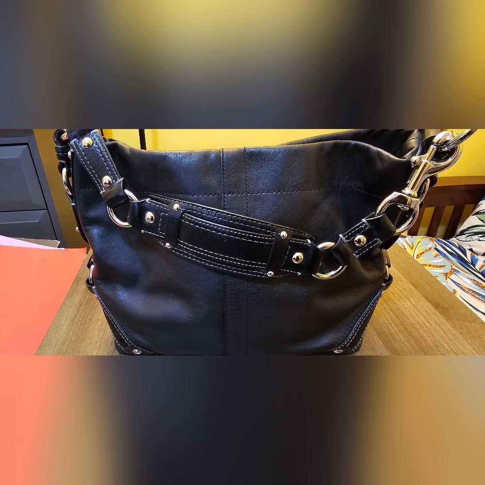 very rare black leather COACH Carly with silver tone hardware